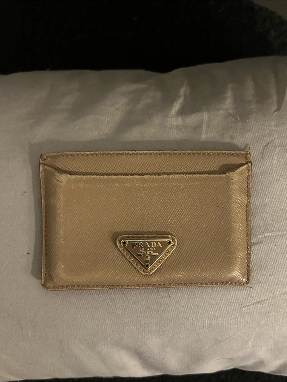 Prada Saffiano Card Holder in Beige with Gold Accent